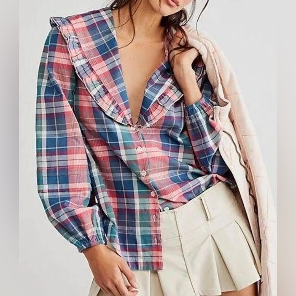 Free People Amanat Molly Ruffle Plaid Button Up Top XS NWOT